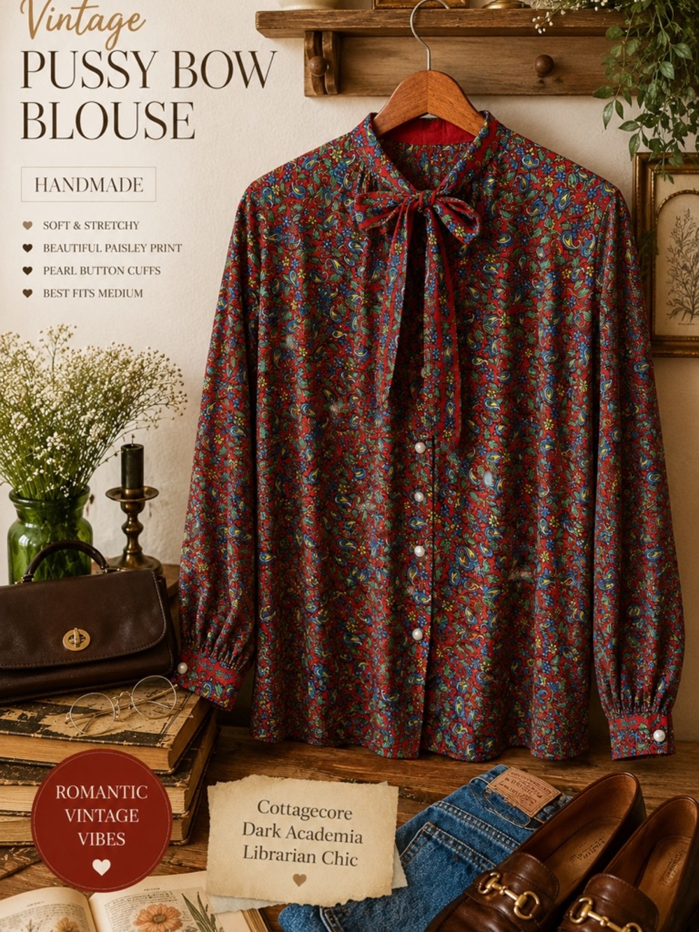 Vintage Handmade Red Paisley Floral Bow tie Blouse Soft Stretch Top Medium